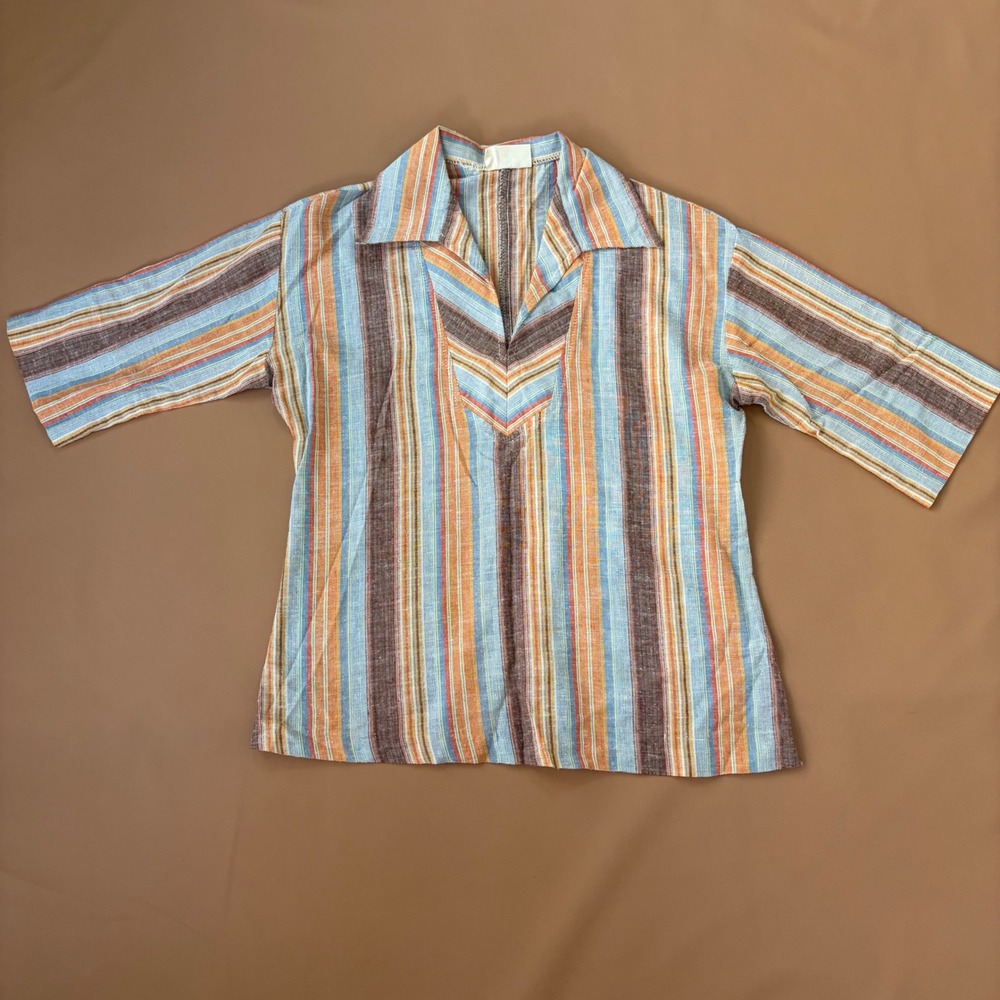Vintage 60s 70s Men Striped V-Neck Tunic Top Textured Medium Surfer Hippie Retro